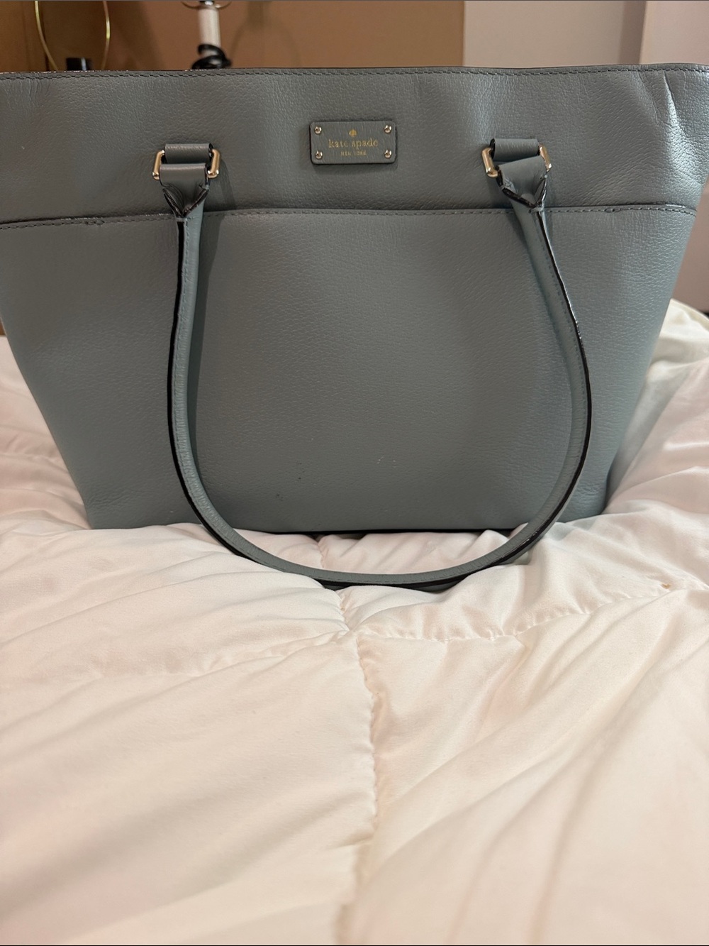 KATE SPADE NEW YORK  LEATHER LARGE TOTE SHOULDER BAG AQUA MARINE W/ZIP